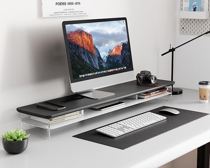 Fenge Acrylic Monitor Stand, 42.5 Inch Clear Dual Monitor Riser with Metal Storage, 2 Tier Computer Riser with LED Lights for Desk, Laptop, Printer, TV