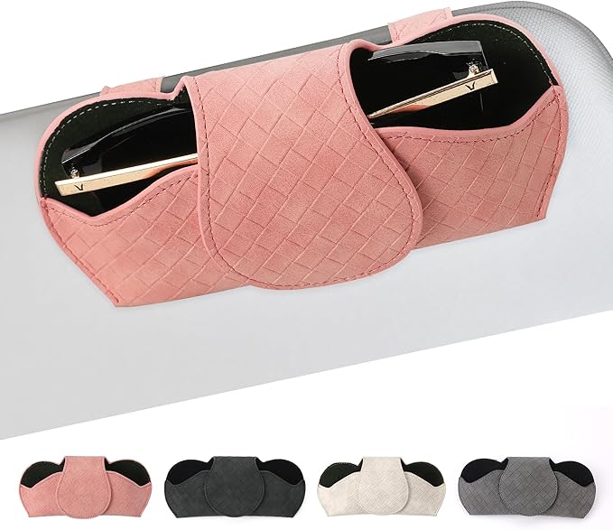 KINIVA Pink Car Visor Sunglass Holder Leather Glasses Case with Magnetic Closure for Car Interior Accessories