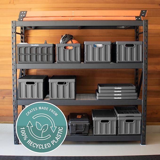 CleverMade Collapsible Storage Bins with Lids (62L, 3 Pack) – Heavy Duty Foldable Plastic Storage Crates for Garage, Closet & Trunk Organization - Obsidian