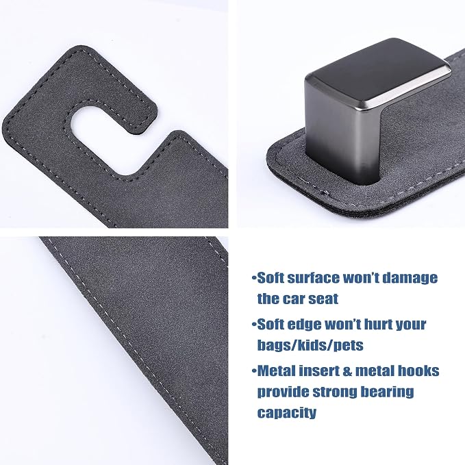 Amooca Car Seat Back Hook Universal Auto Storage Hanger Suede with Metal Car Seat Organizer for Handbag Purse Coat Umbrellas Grocery Bags 2 Pack Gray