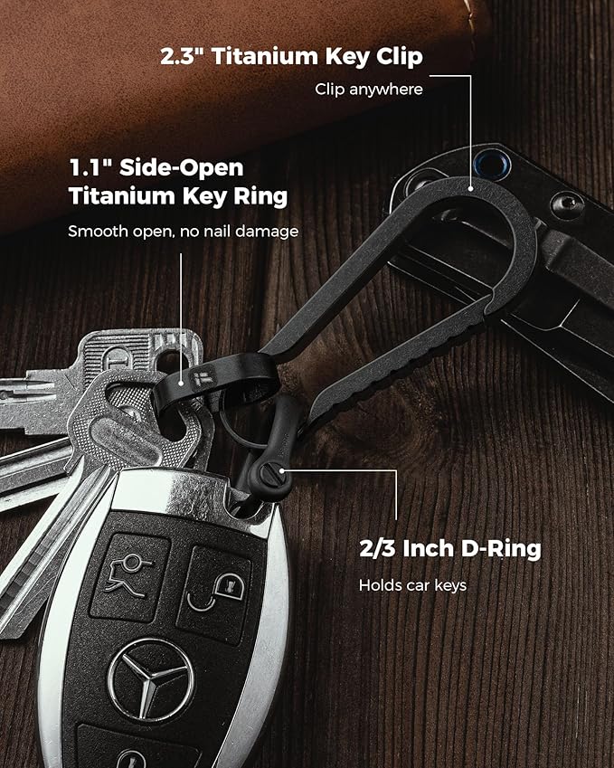 FEGVE Titanium Key Chain Clip with Side-Pushing Key Ring & 2/3inch D Ring for Car Fob Keys