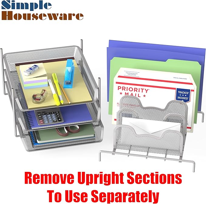 Simple Houseware Desk Organizer with 3 Sliding Tray and 5 Stacking Sections, Silver