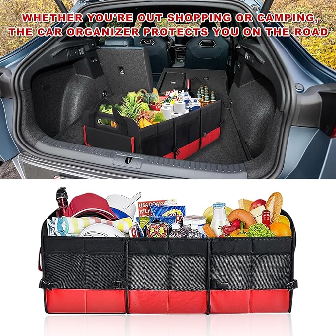 Car Trunk Organizer, Large Capacity Collapsible Cargo Organizer with Adjustable Straps Reinforced Handles, Multi-Compartment Trunk Storage Box for Car Truck SUV Sedan (Black & Red)