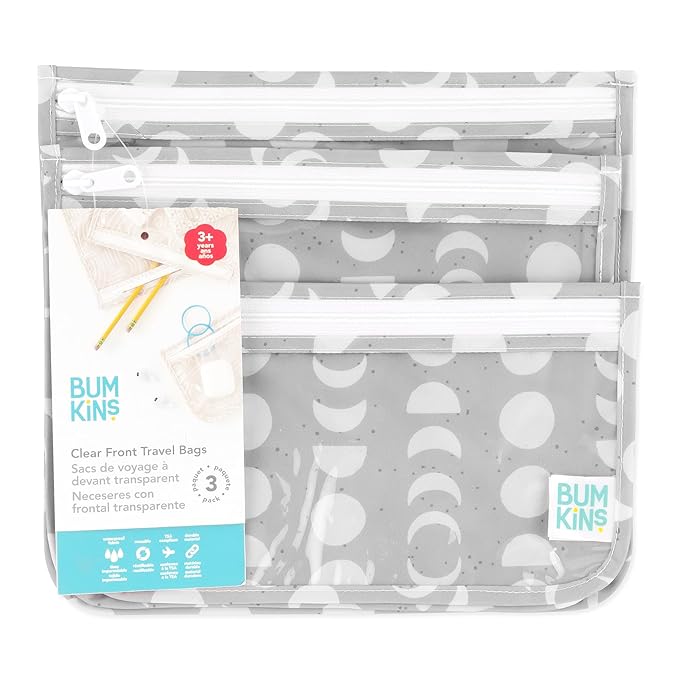 Bumkins Travel Bag, Toiletry, TSA Approved Packing Pouch, Zip Bag, Quart Size Airline Compliant, Clear-Sided, Set of 3 Sizes