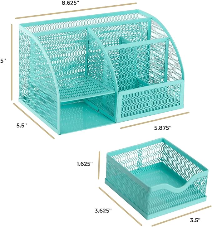 BLU MONACO Aqua Desk Organizer | Metal Turquoise Stationery Holder With Drawer and Compartments | Desktop Storage for School, Bedroom, Locker and Home | 5.5βD x 8.6βW x 5βH Accessory Caddy