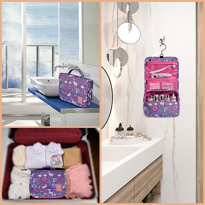 Eudora Cute Rainbow Unicorn Cartoon Toiletry Bag for Girls and Kids, Waterproof Bathroom Bag for Weekend with Many Rooms Pockets and Portable 360 Degree Hanging Hook
