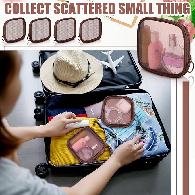 Weewooday 4 Pcs Mesh Makeup Bag Mesh Cosmetic Bag Travel Toiletry Pouch with Zipper Mini Makeup Cosmetic Purse for Daily Accessory(Small,Brown)