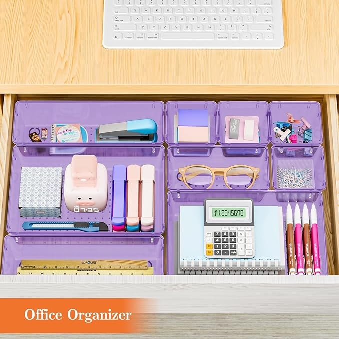 SpaceHacks 25 PCS Plastic Drawer Organizer Set, 4-Size Versatile Organizer Trays & Storage Bins for Makeup, Jewelry, and Gadgets in Bathroom, Bedroom and Office,Clear Purple