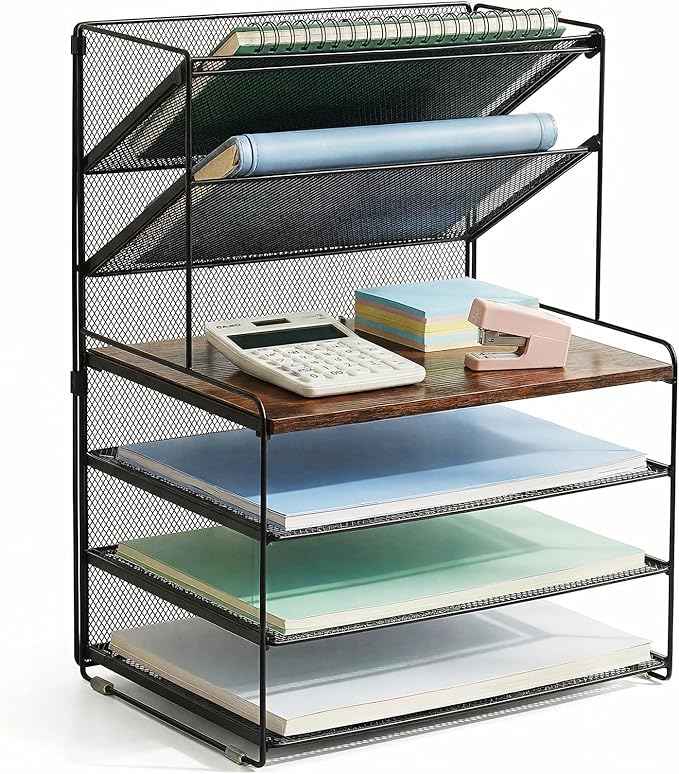 OPNICE 6-Tier Letter Tray Paper Organizer, Desk Organizers and Accessories, Desktop File Organizer, Office Desk Accessories for Office Supplies (Wood Brown)