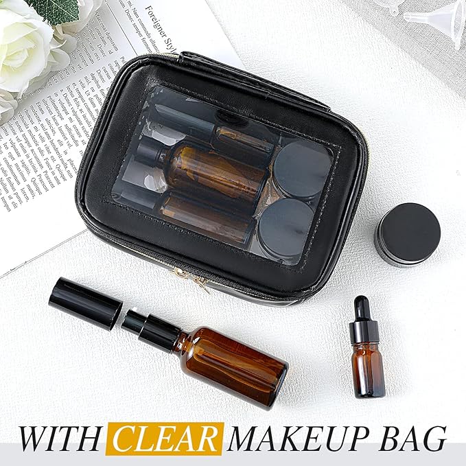 Jingmore 13 Pcs Glass Skincare Travel Containers Mini Makeup Containers Travel Size Toiletries Bottles with Pump Spray and PU Leather Toiletry Bag for Liquid Serum Cream Moisturizers Oils(Brown)