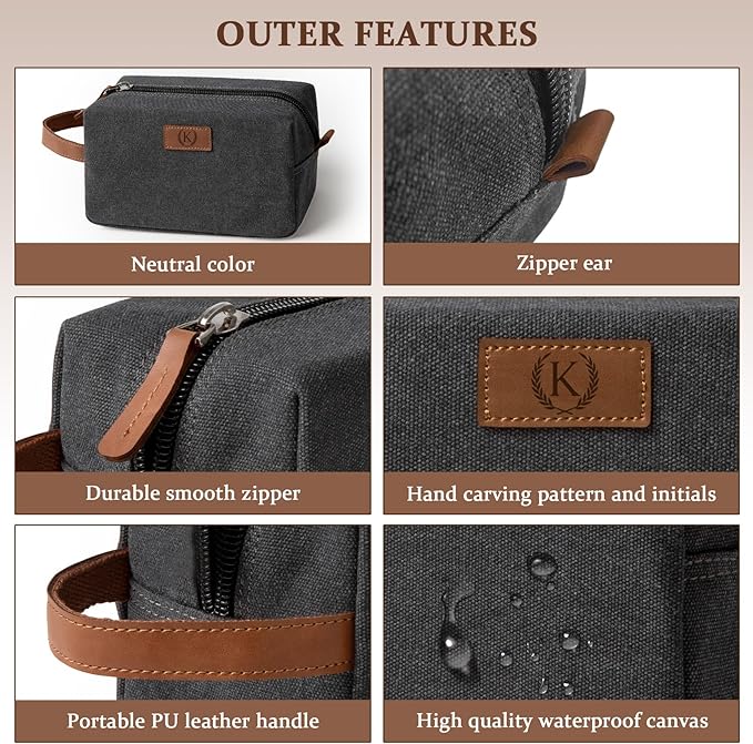 Janhavi Waterproof Travel Bag, Canvas Toiletry Bag for Men, Dad Gifts, Engraved Initials & Wheat Ear, Groomsmen Gifts, Mens Toiletry Travel Bag, Men's Accessories Organizer (Dark Grey H)