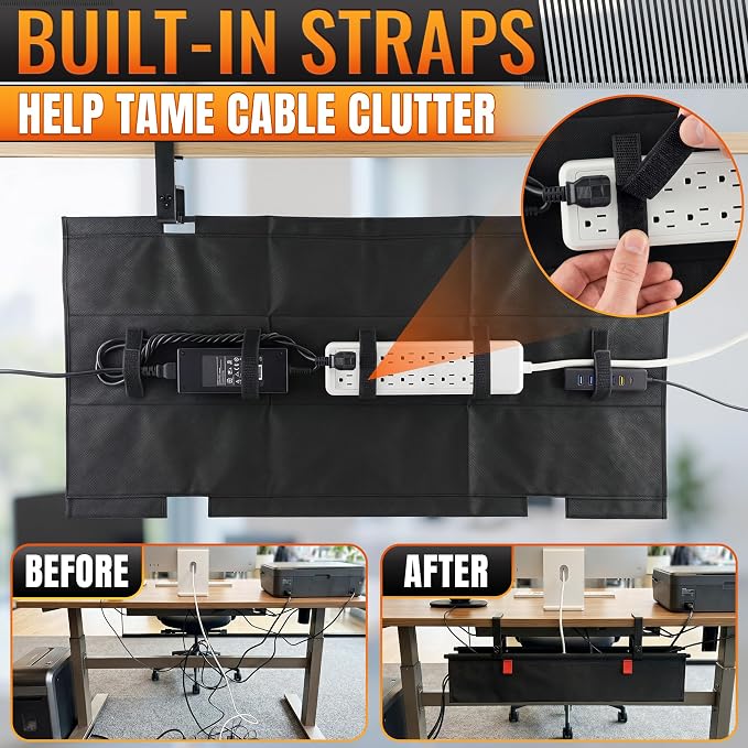 Under Desk Cable Management Tray 28" — No Drill Clamp-On Cord Organizer for Desk with Built-in Ties, Heavy Duty Metal Clamp, Foldable 600D Oxford Fabric for Home Office, WFH & Gaming PC Setup (Black)