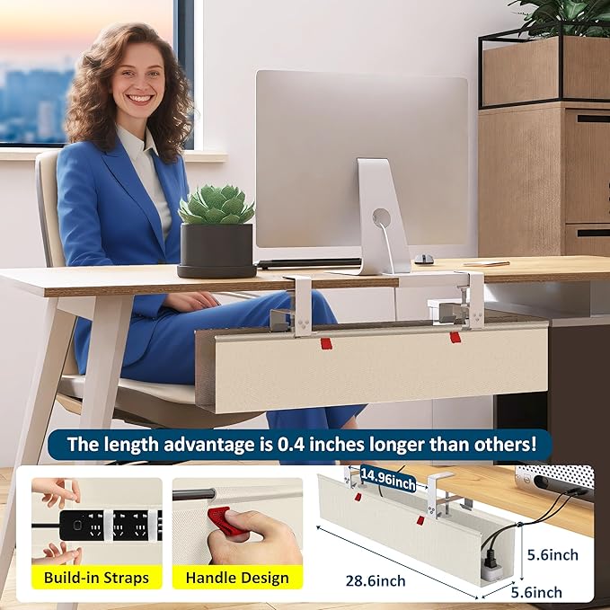 36" Under Desk Cable Management Tray for Home Office, No Drill Cord Organizer for Glass & Wood Table, Anti-Sag Oxford Fabric Wire Management Hider, Fits Surge Protector (Beige, 35.8")