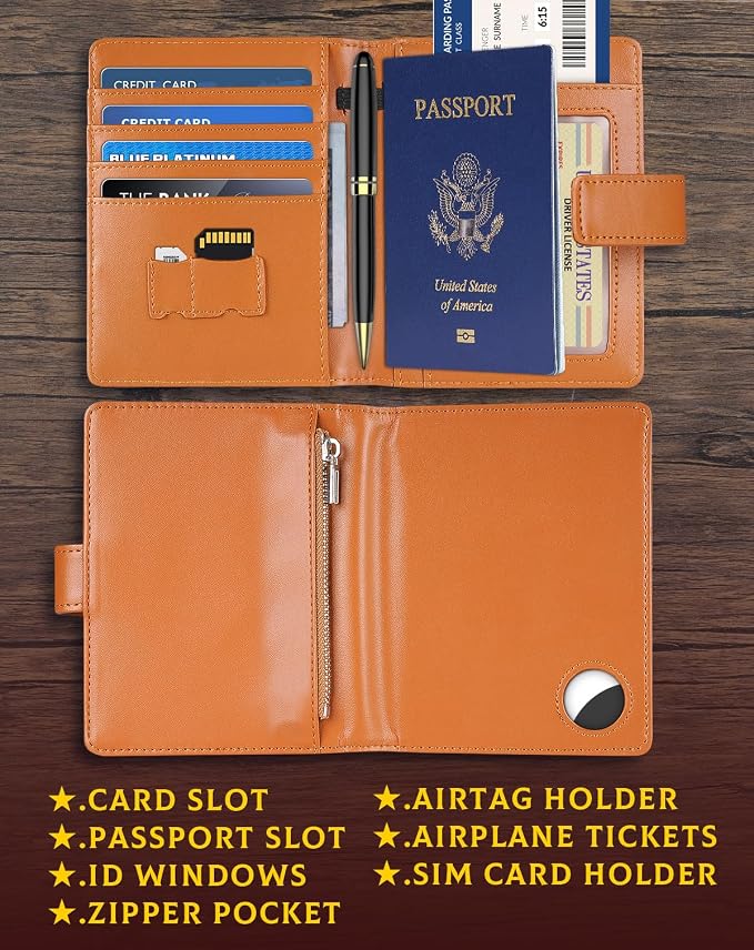 Passport Holder Wallet Cover Case for Women and Men,RFID Blocking,Passport Case with AirTag Slot,Travel Accessories (Brown)