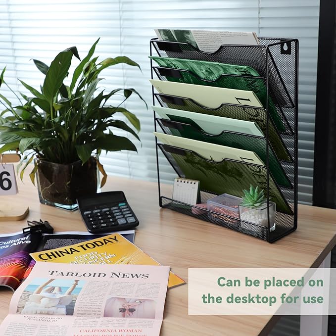 6-Tier Mesh Wall File Holder Organizer with Bottom Flat Tray, Vertical Hanging File Organizer, Office Hanging File Folder Magazine Rack, Nametag Label Hooks Set Included, Black