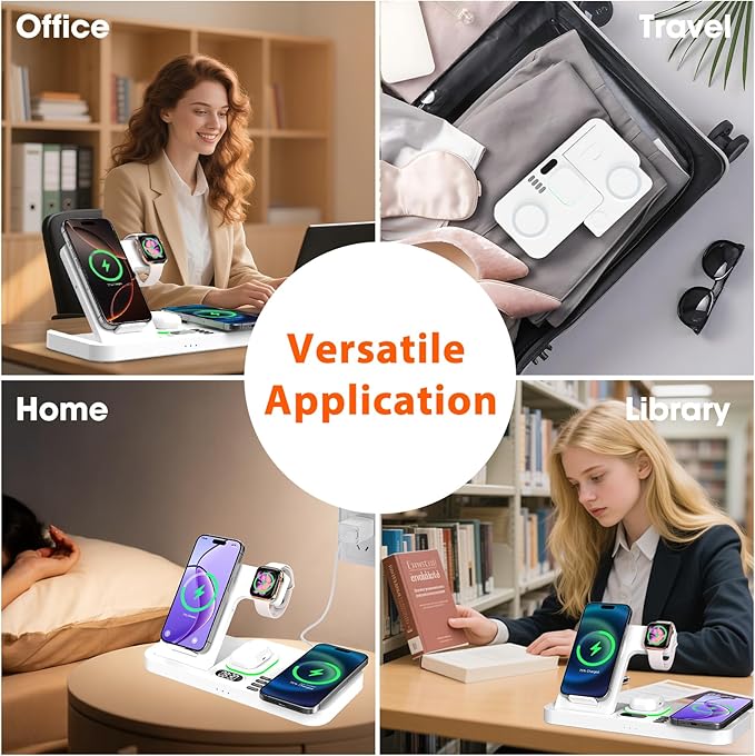 Dual Phone Magnetic Wireless Charging Station for Apple Devices/Apple Ecosystem, 7-Color Auto Light & 12H Clock, Multi-Device Charger for iPhone 17/16/15, for iWatch 11/10/9 & AirPods Pro3(White