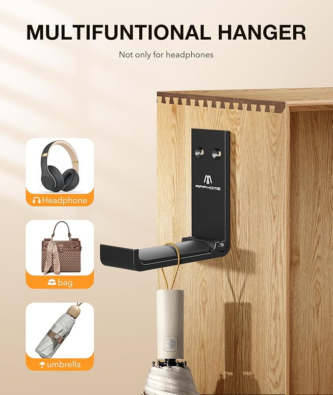 Foldable Headphone Stand & Headset Holder Mount, No-Scratch Silicone Pad Wall Hook for Gaming Headset, Space-Saving Under Desk Hanger with Strong Adhesive for PC, Home, and Office, Black
