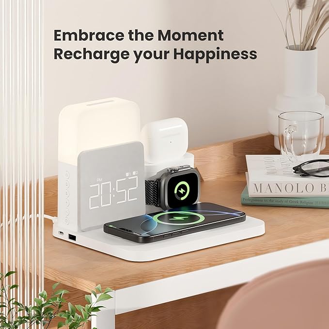 Alarm Clock Charging Station for Bedrooms, 7 in 1 Wireless Charging Station, Magnetic Charger with Night Light Bedside Clock for iPhone 17 16 15 14 13 12 Pro Max, Apple Watch, AirPods (White)