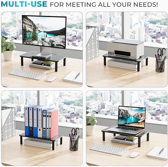 BONTEC Monitor Stand 2 Pack Height Adjustable Metal Riser with Pen Holder, Black, 14.5??x 9.1?? Ergonomic Desktop Stand for Computer, Printer, Laptop, Adjustable Desk Riser with Cable Management
