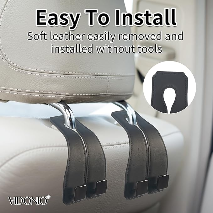 vidonio 2 PCS Car Seat Back Double Hooks - Leather Heavy Duty Hangers for Purse, Grocery Bags, Coats & More - 360° Rotatable, Easy Installation, Space-Saving Car Accessories for Rear Seat Storage