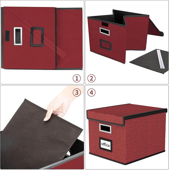 File Organizer Box with Lid, Collapsible File Folder Organizer for Office Document Storage, Filing Box with Plastic Slide for Letter Size Hanging File Folders(1 Pack, Dark Red)