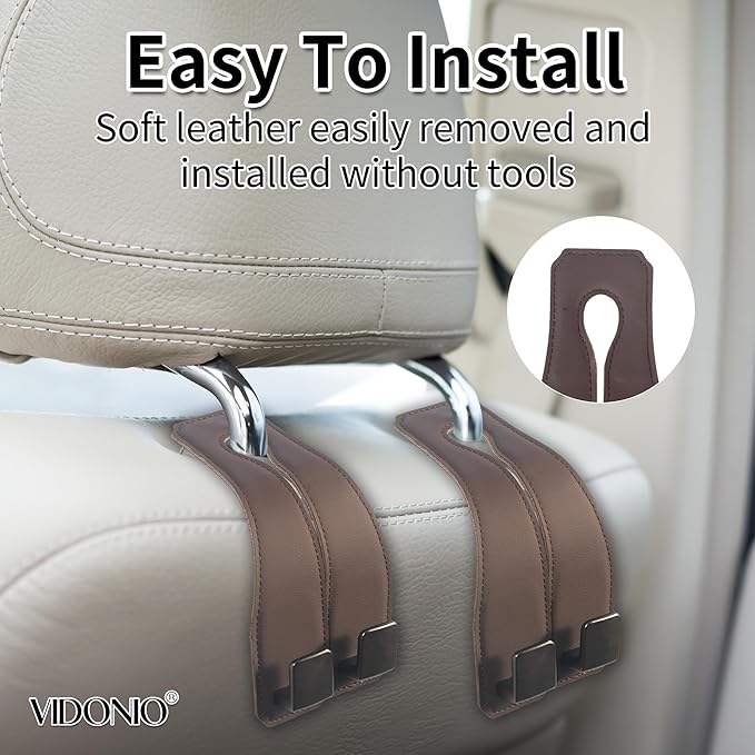 vidonio 2 Pack Double Car Seat Hooks for Headrest, Rotatable Purse Holder for Car,Premium Leather Car Hooks for Purses and Bags, Headrest Hooks and Storage Accessories (Brown)