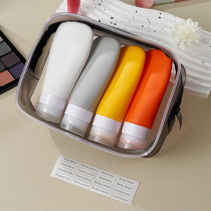 INSFIT Travel Bottles for Toiletries, TSA Approved 3oz Travel Size Containers, BPA Free Leak Proof Squeezable Silicone Tubes for Shampoo Conditioner Lotion Body Wash with Labels