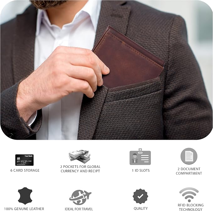 Tri fold Leather Wallet for Men with RFID | Slim Wallets for Men with 1 ID and 6 Credit card slots | Front Pocket Minimalist