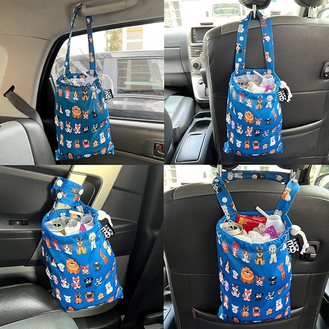 Waterproof Car Trash Bag Reusable Portable Garbage Can with Drawstring Top Adjustable Hanging Strap Leakproof & Washable for Cars SUVs & Trucks (Dog Family)