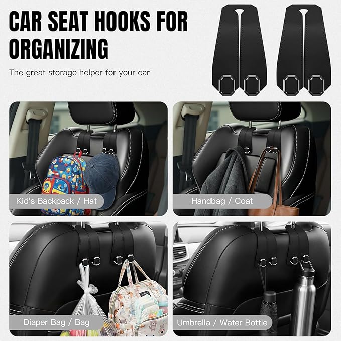 2PCS Car Hooks for Headrest, Faux Leather Purse Hook for Car Seat Back Organizers and Storage, Double Metal Purse Holder Bag Hanger, Universal Car Interior Accessories for Women Man