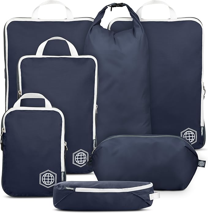 Large Compression Packing Cubes for Travel-Packing Cube Luggage Organizers 7 Piece Set for Checked Luggage-Ultralight, Expandable/Compression Bags by TRIPPED Travel Gear (Navy/White)