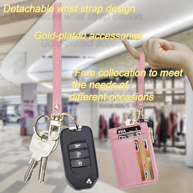 Wikavanli Women Slim Rfid Blocking Credit Card Case Holder Wristlet Zip ID Case Wallet Small Compact Leather Wallet Coin Purse with Keychain (Pink)