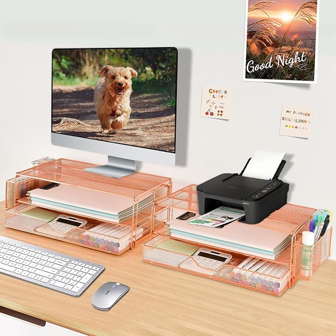 AUPSEN Computer Monitor Stands Riserï¼?-Tier Desk Organizers and Accessories, Office Desk Accessories Organizer with Drawers and 2 Pen Holder for Office Supplies (Rose Gold)
