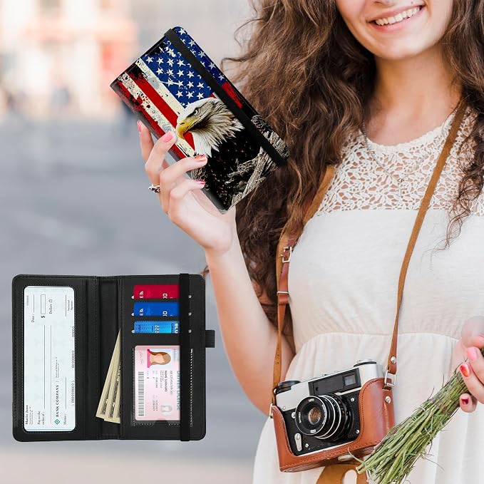 Premium PU Leather Checkbook Cover for Men & Women,RFID Blocking Slim Check Book Holder with Duplicate Check Divider & Pen Holder,Fits Standard Personal Checks,American Flag Eagle