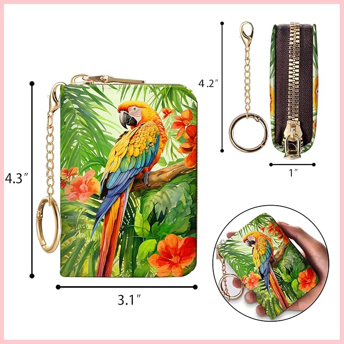 Blusabaca Credit Card Holder for Women, Parrot Bird Small RFID Wallet with Zipper, Card Keychain Wallet, Leather Wallet Card Case, Business RFID Blocking Accordion Purse Wallet Gift