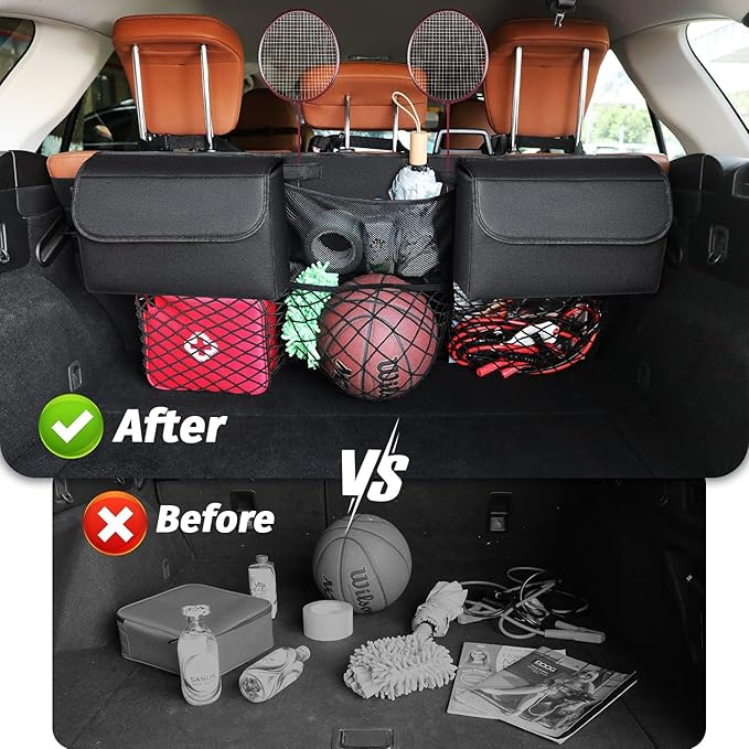 Deluxe Trunk Organizer for Medium or Large Size SUVs & RVs, Backseat Hanging Trunk Organizer, Waterproof Collapsible Car Storage Bag with 6 Pockets, Reinforced No-Sag Design (Black)