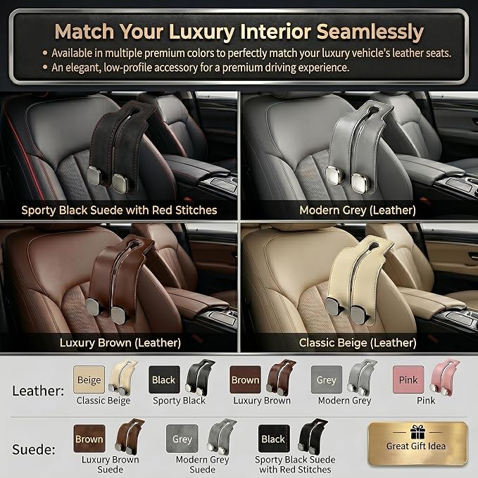 Car Headrest Hooks 2-Pack - Heavy-Duty Car Organizer Hooks for Purses and Grocery Bags,Premium Suede Seat Back Double Hooks,360° Flexible Hooks for Daily Commute and Road Trips (Suede Grey)