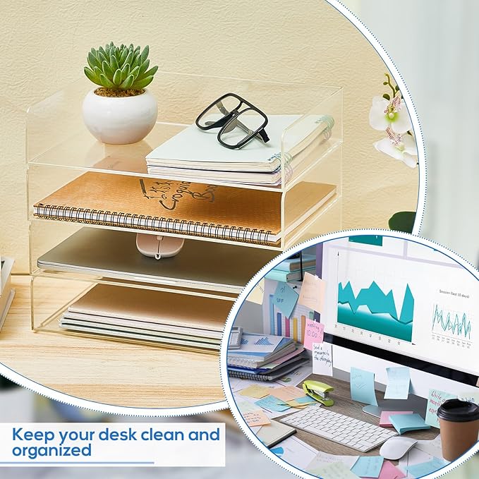 Harloon 4 Tier Paper Organizer Letter Tray Acrylic Desk File Organizer Stackable Documents Letter Clear Paper Holder Sorter Office Tray for A4, Modern Office Classroom Home File Pad Books Notes
