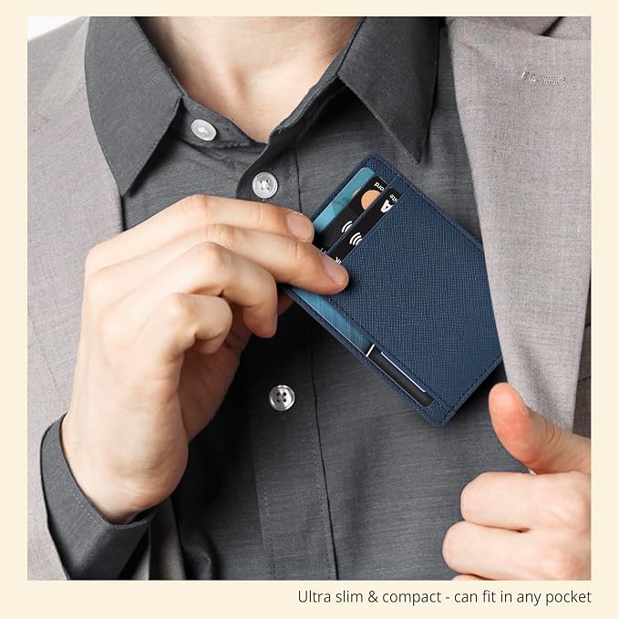 Real Leather Slim Minimalist Wallet for Men and Women -RFID Blocking Front Pocket Thin Credit Card Holder Stylish Wallets (Jeans Blue)