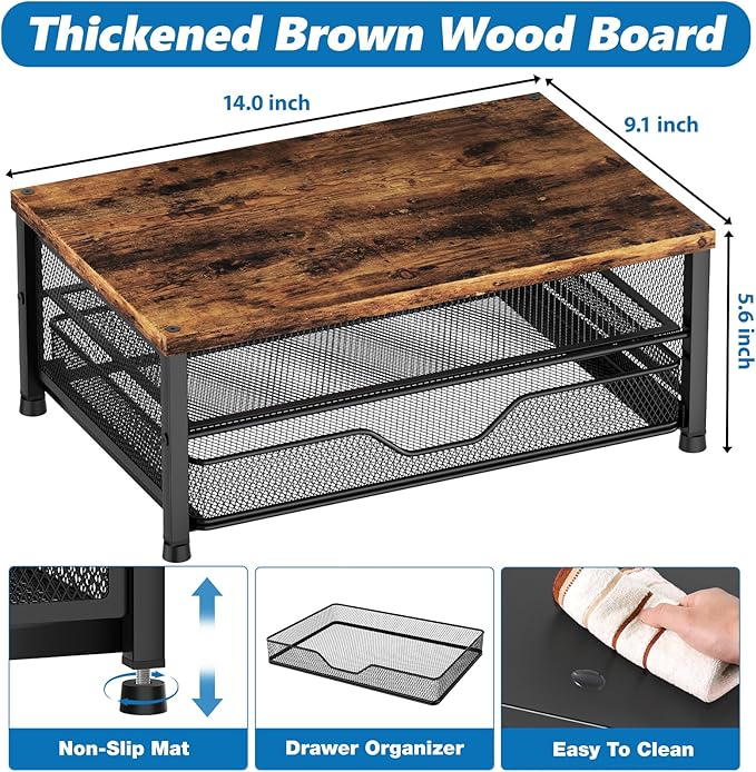 OPNICE Computer Monitor Stand Riser, Desk Organizer with Drawer, Printer & Laptop Stand, Office Desk Accessories & Workspace Desktop Organizers Storage for Office Supplies(Brown)