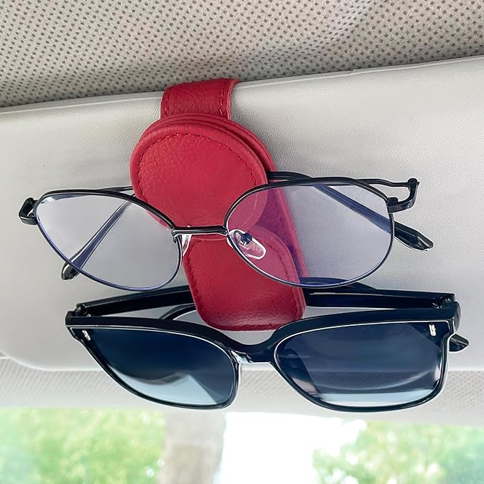 KIWEN Sunglasses Holder for Car Visor, Magnetic Leather Sunglass Eyeglass Hanger Clip for Car Sun Visor Accessories (1, Black)