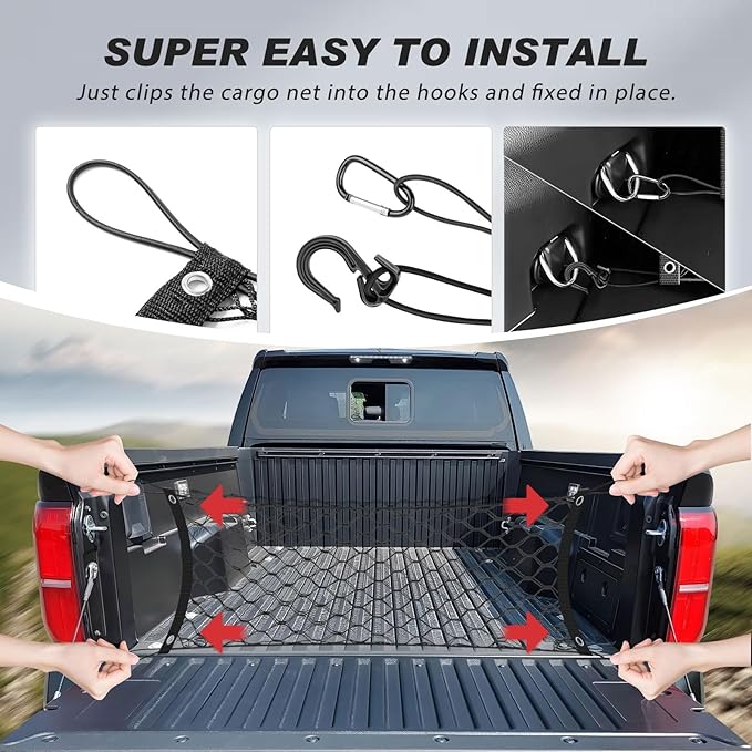 Karltys Truck Bed Cargo Net for 2019-2025 2026 GMC Sierra/Chevy Silverado 1500 2500HD 3500HD, Envelope Style Elastic Pickup Truck Bed Cargo Net Silverado Trunk Net Accessories with Hooks