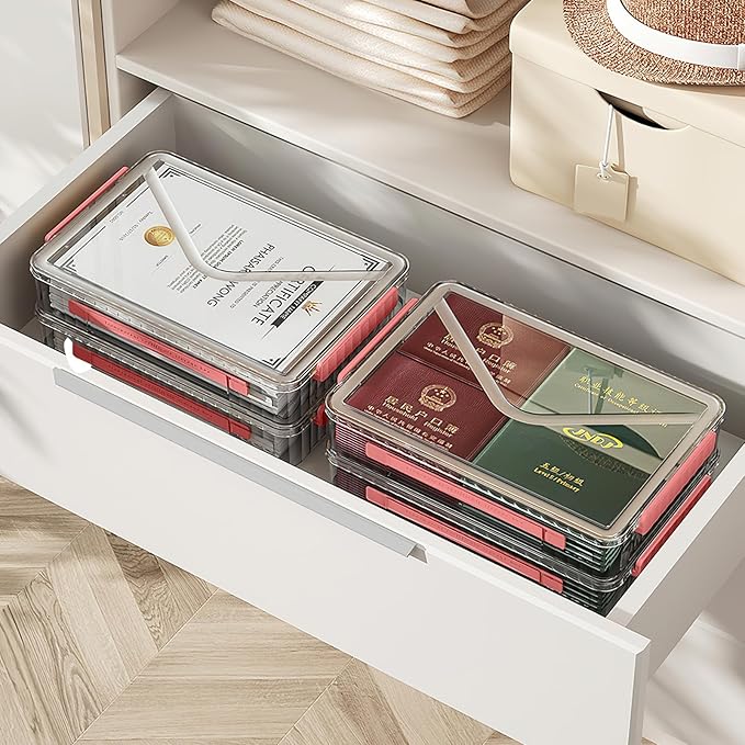 Clear Storage Boxes with Lid - A4 Transparent Paper Storage Organiser with Handle and Portable Project Case Drawer Organizer for Storing Certificates Photos Scrapbook and Invoices(Red Handle)