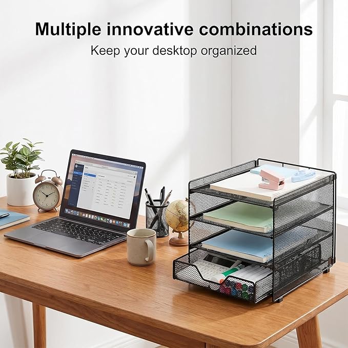 OPNICE Desk Organizers and Accessories, 4-Tier Desktop File Organizer with Drawer, Office Desk Accessories & Workspace Organizers for Office, Home Supplies(Black)