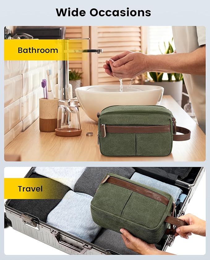 Vorspack Canvas Toiletry Bag for Men - Water Resistant Travel Bag for Toiletries, Bathroom Essentials, Accessories - Green