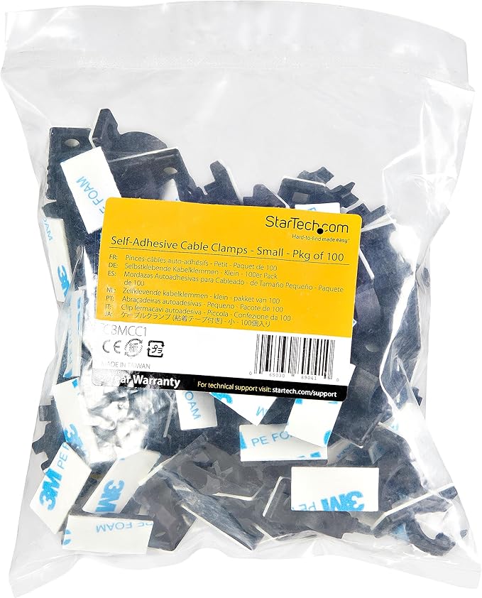 StarTech.com 100 Adhesive Cable Management Clips Black - Network/Ethernet/Office Desk/Computer Cord Organizer - Sticky Cable/Wire Holders - Nylon Self Adhesive Clamp UL/94V-2 Fire Rated, TAA
