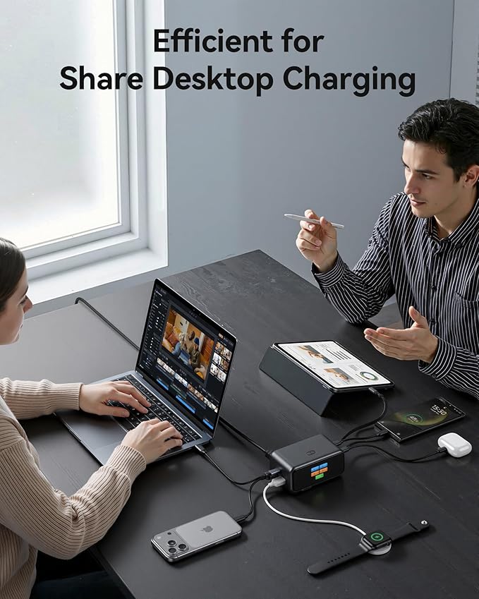 MOKiN 200W Charging Station, 6-Port GaN Fast Desktop Charger with LCD Smart Display Control and Retractable Cable for iPhone, Galaxy, MacBook, Dell and Gaming Desk Accessorie