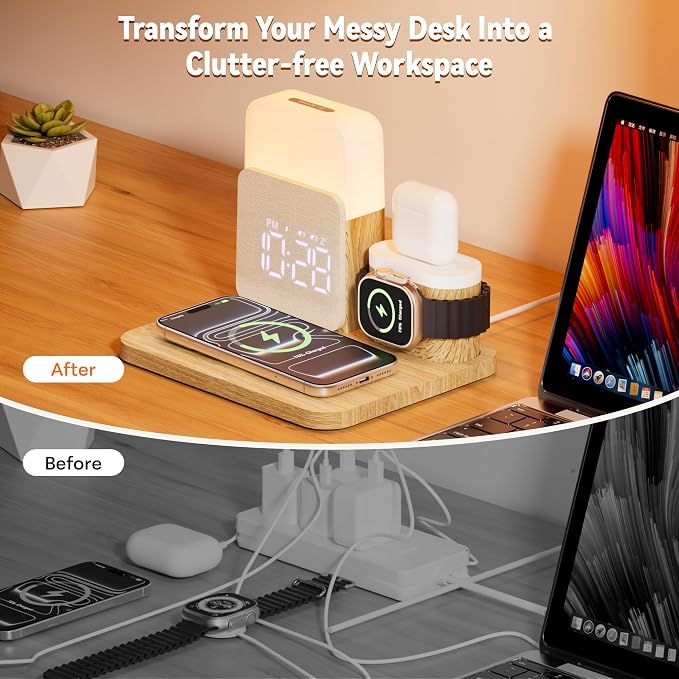 7 in 1 Wireless Charging Station, Magnetic 25W Fast Charger with Alarm Clock & Night Light, Bedside Charging Stand for iPhone 17 16 15 14 13 12 Pro Max, Apple Watch, AirPods, Bedroom