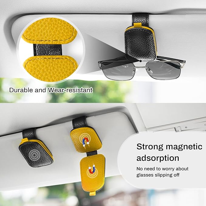 SINGARO Sunglasses Holder for Car, Leather Magnetic Buckle Sun Visor Sunglass Clip, Ticket Card Storage Glasses Clip, Car Interior Accessories for Men and Women(Black-Yellow)