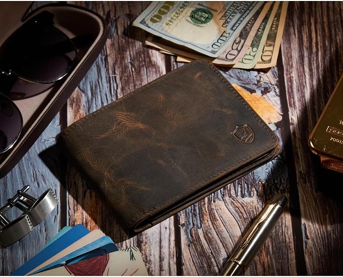Cochoa Wallet for Men Bifold Leather RFID Blocking High Capacity Slim Card Case with 2 ID Window for Gift (Crazy Horse, Moss)